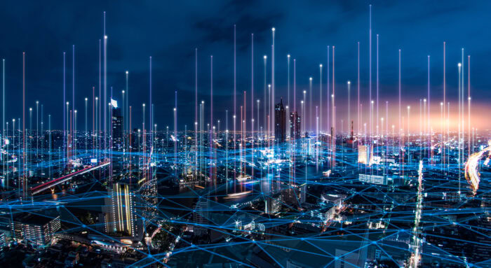 network digital hologram and internet of things on city background.5G network wireless systems.