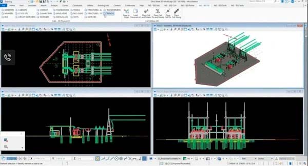 Screenshot of a MicroStation CAD software interface displaying four views of a building model, including isometric and plan views, showcasing structural details and design for electric utilities.