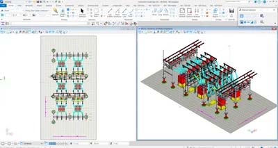 Screenshot of a computer-aided design (CAD) software, MicroStation, showing two different views of an electrical substation design for electric utilities projects, with various equipment and structures displayed on the screen. Let this image spark inspiration for your next engineering marvel.