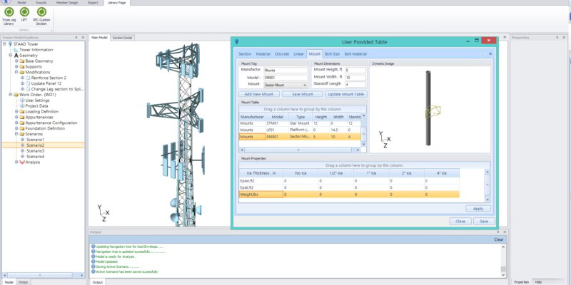 Computer screen displaying the OpenTower graphical user interface for integrated tower design, featuring multiple data input tables and 3D visualization of the tower structure.
