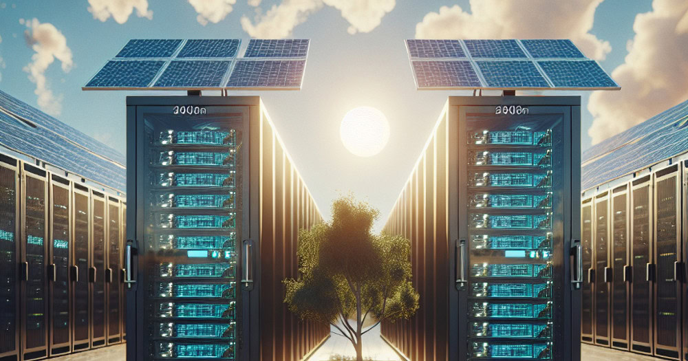 Rows of server racks outdoors with solar panels on top, sunlight in the background, and a small tree between the racks, suggesting renewable energy-powered data centers.