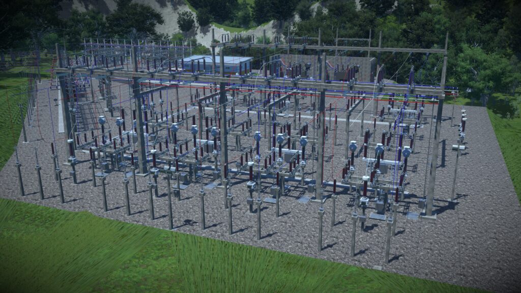 A high-voltage electrical substation operated by COPEL Distribuição S.A. features multiple transformers, circuit breakers, and power lines, surrounded by grass and trees.