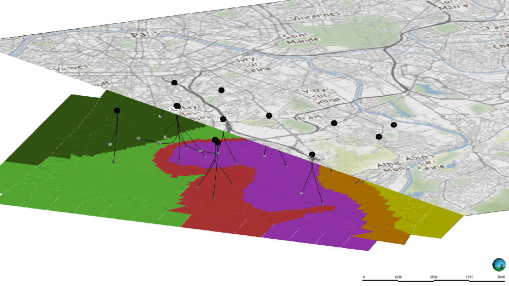 A map of a city with different colored areas.