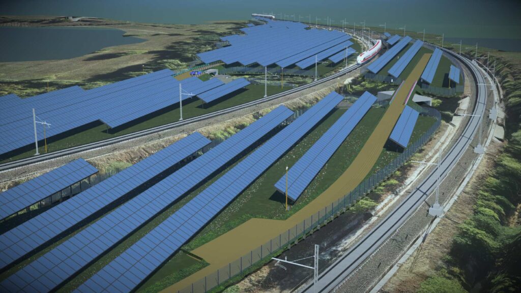 An artist's rendering of solar panels on a train track.