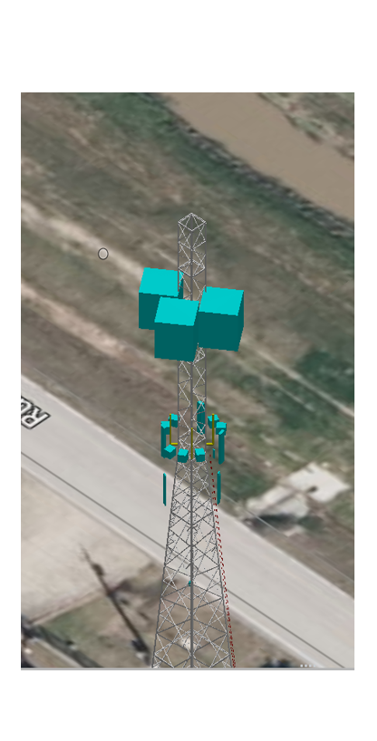 A 3D model of a telecommunications tower, designed with OpenTower Designer, featuring multiple teal-colored antennas. The tower is strategically situated beside a road and an adjacent river on the right, shaping the future of communication tower design.