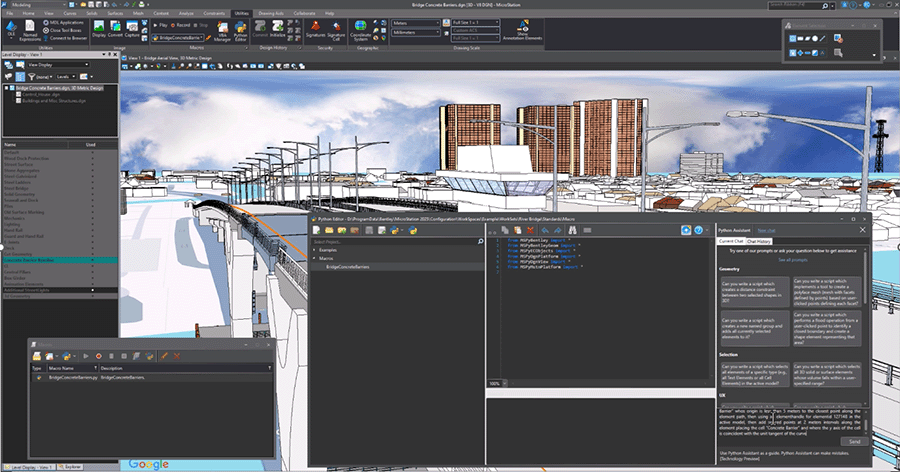 A computer screen displays 3D modeling software with a cityscape scene, code editor, and various tool panels visible in the workspace.