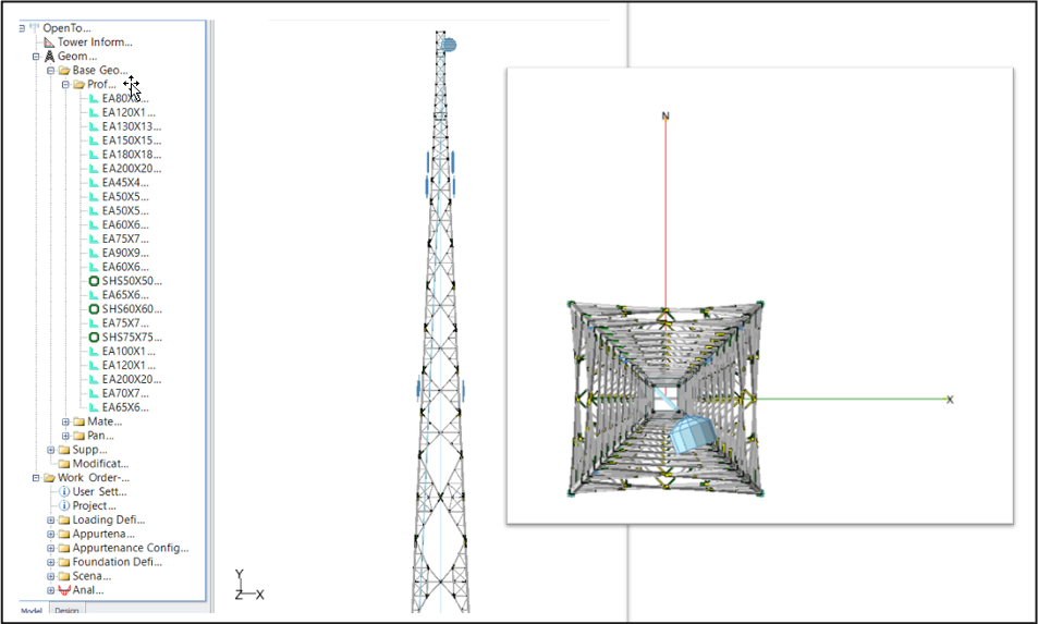 Screenshot of OpenTower's structural analysis software interface displaying a 3D model of a transmission tower. The left panel shows a project’s component hierarchy, while the main view presents streamlined front and top-down perspectives to enhance tower design efficiency.