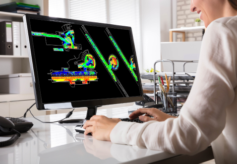 A woman is working on a computer with an image of a building on the screen during a webinar.